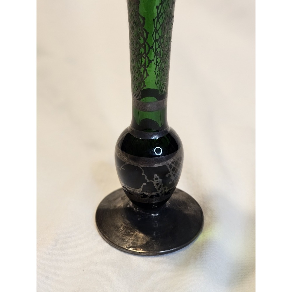 Bohemian Emerald Green Glass Silver Overlay Bud or Weed Vase - Beautiful - Picture 2 of 16